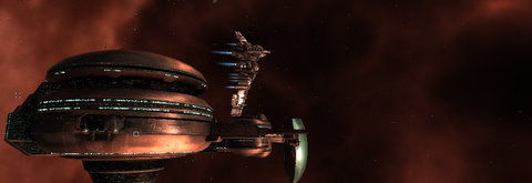 The Myrmidon "The End of Innocence" flying out of the Federation Navy station at Aunia