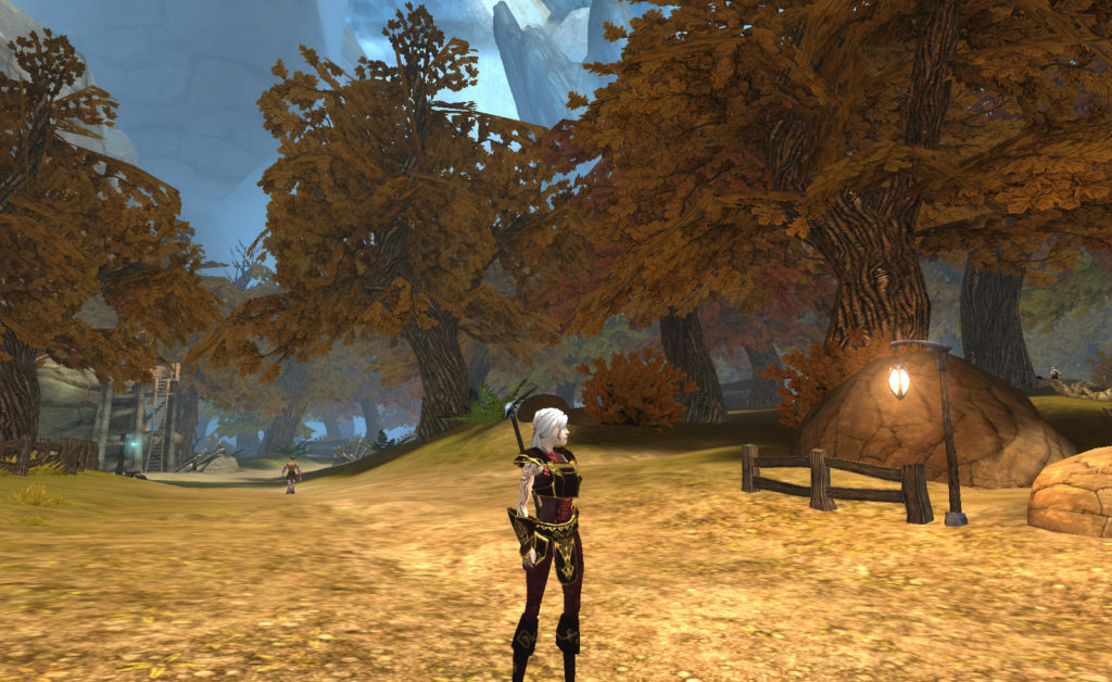 A player character stands on a road in Spellborn