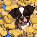 A puppy surrounded by stacks of Bitcoin.