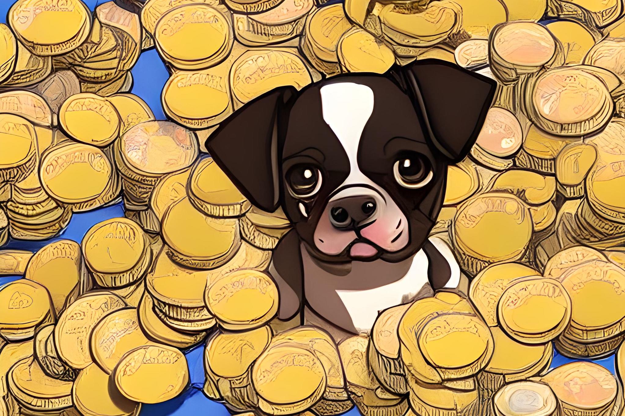 A puppy surrounded by stacks of Bitcoin.
