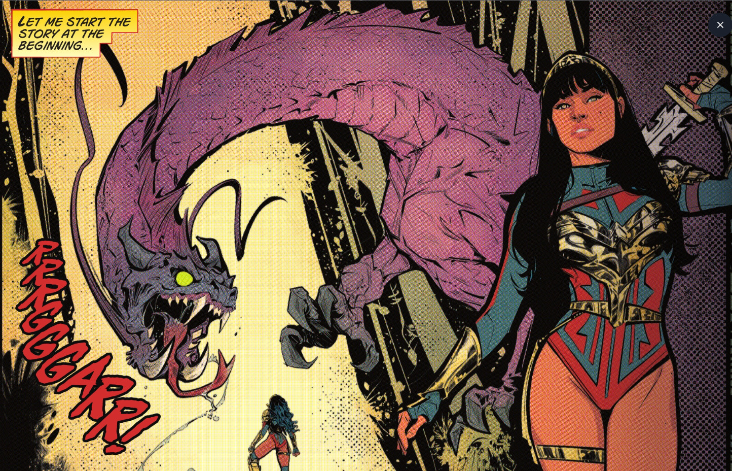 Panel from Future State: Wonder Woman #1, with Zara as Wonder Woman fighting a large purple monster
