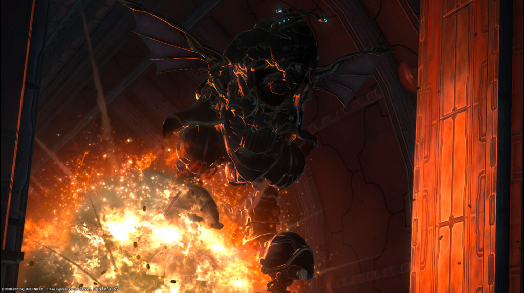 The protagonist escaping from the exploding Praetorium on a mech.